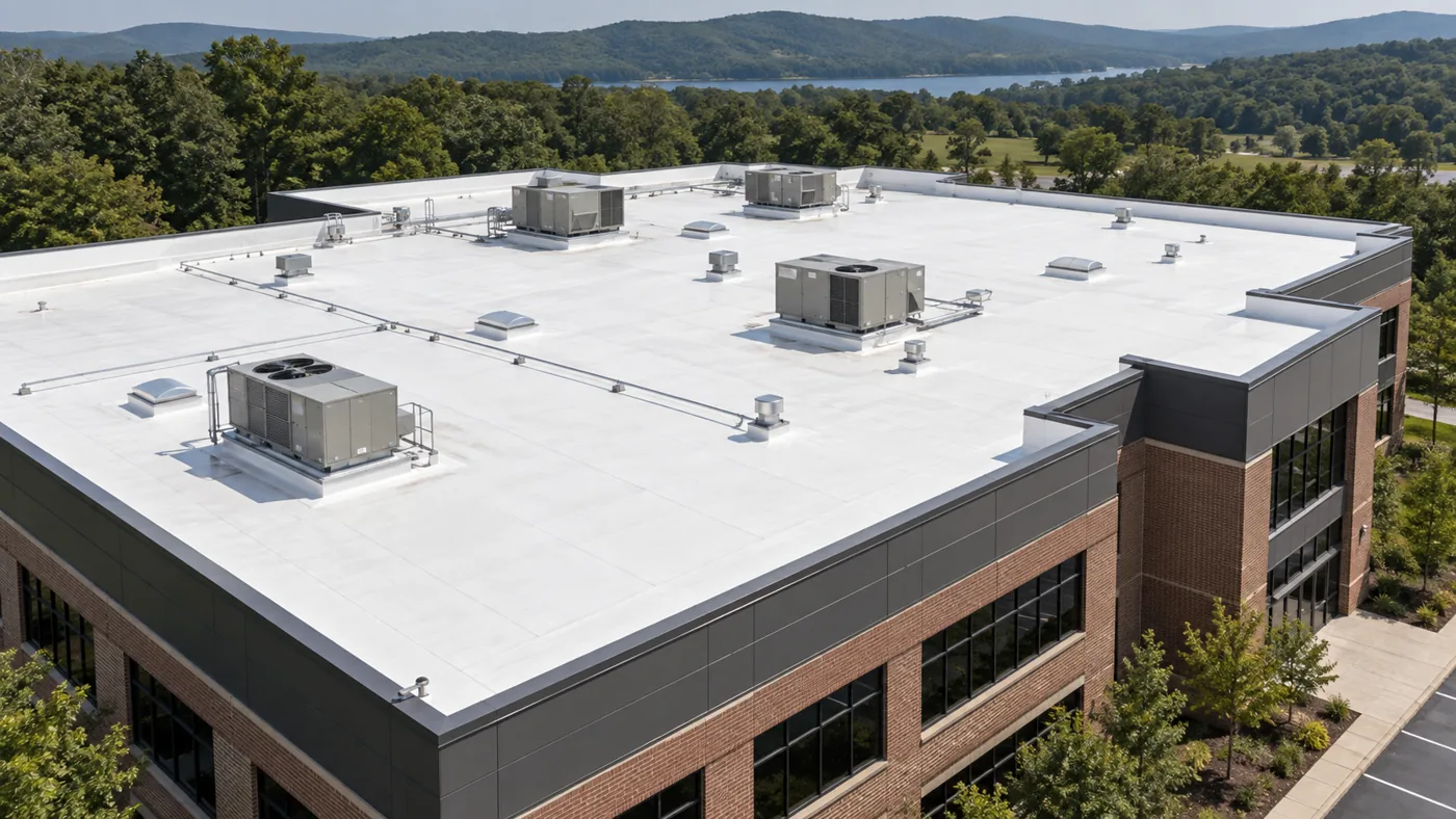 White low-slope commercial roof with rooftop equipment and parapet walls