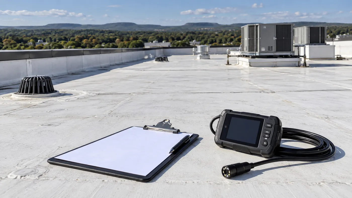 Roof inspection equipment and clipboard on a commercial roof