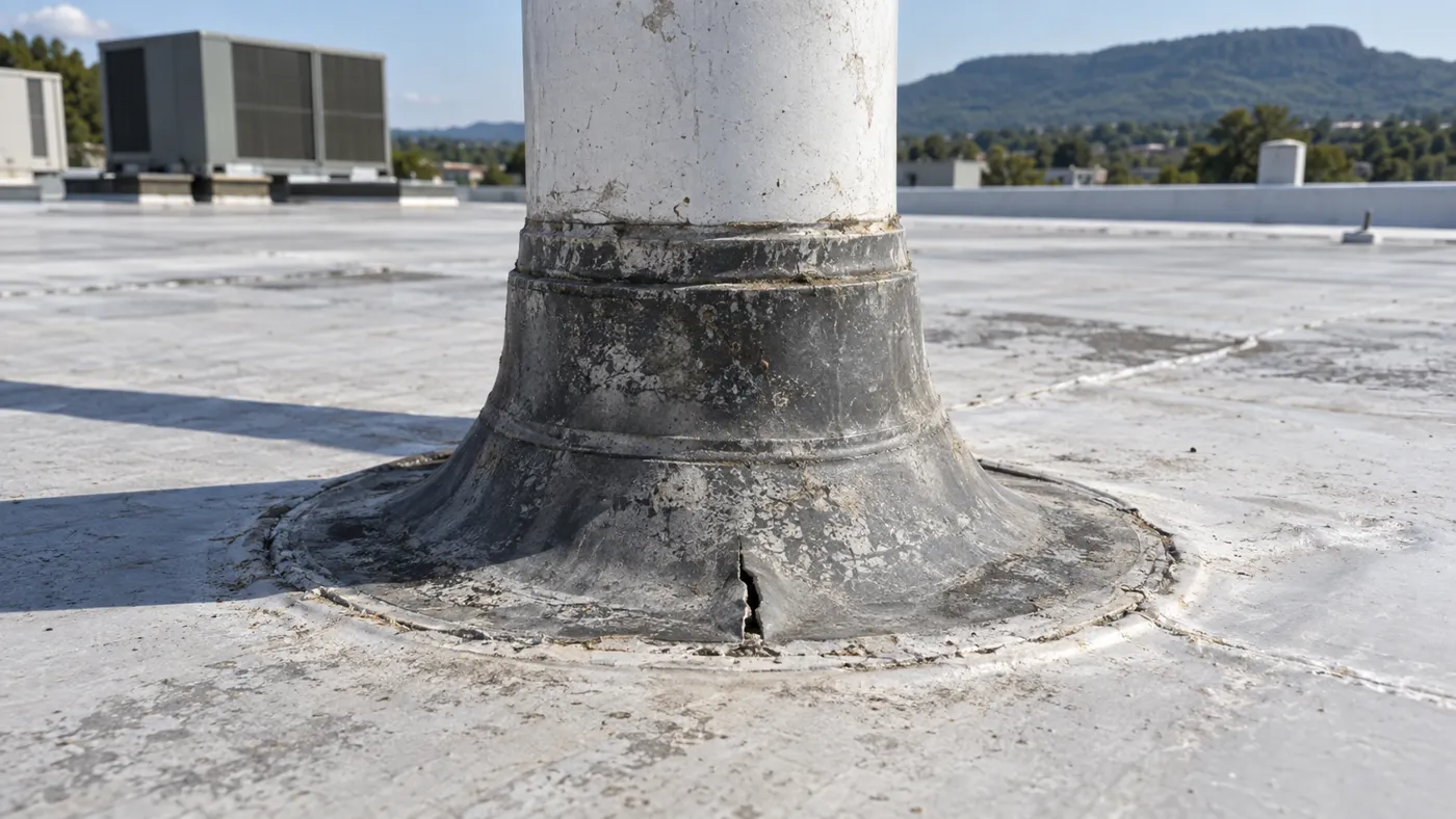 Weathered roof penetration flashing with a visible split