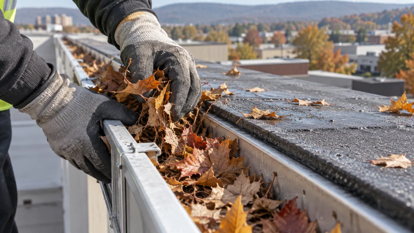 Leaves being removed from a roof gutter