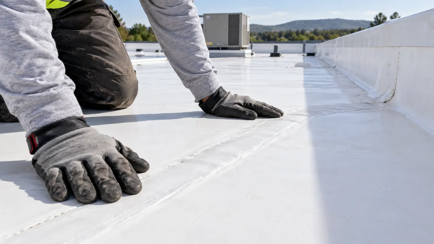 Gloved hands checking a commercial membrane roof seam
