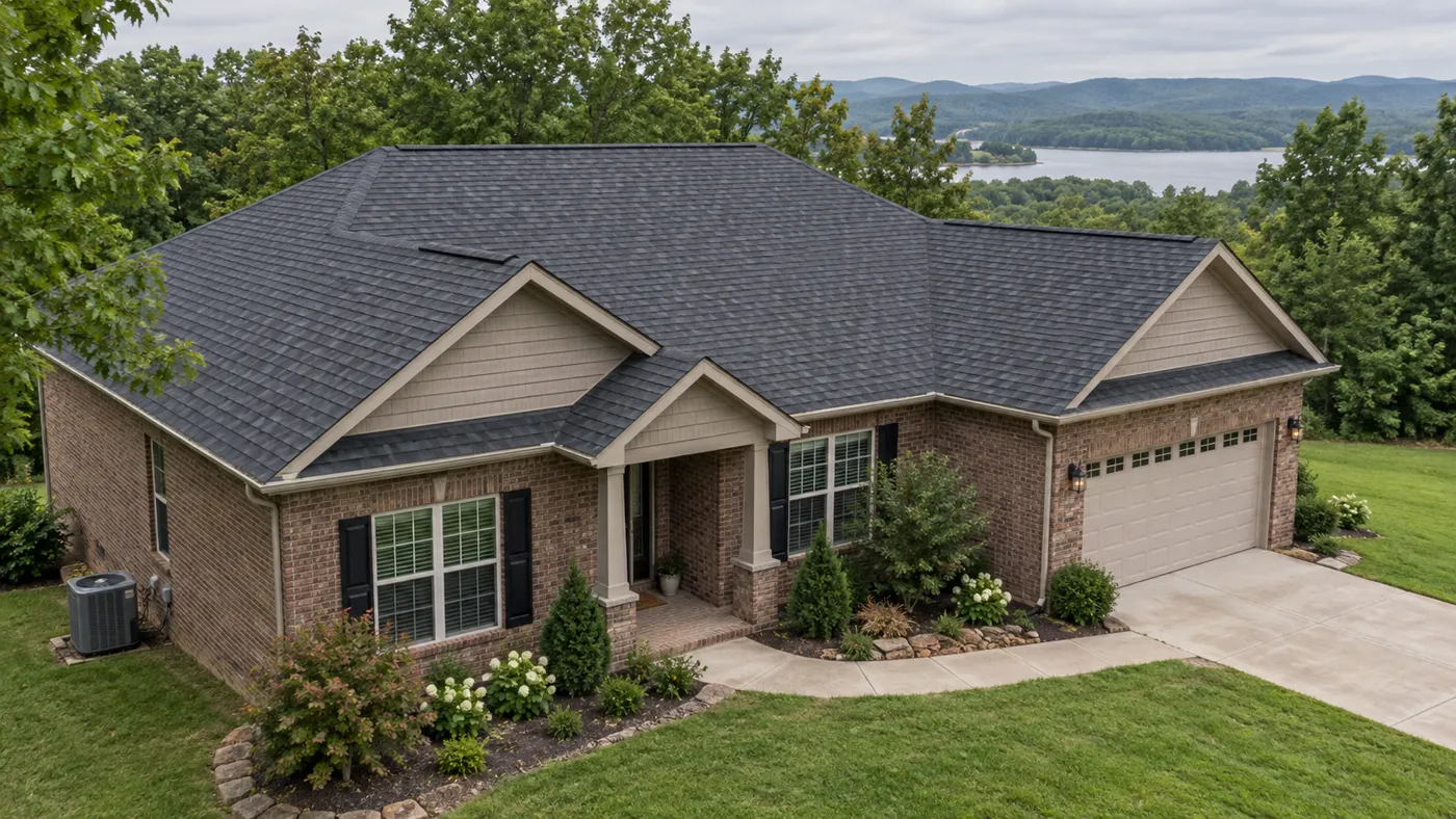 Brick home with a dark architectural shingle roof