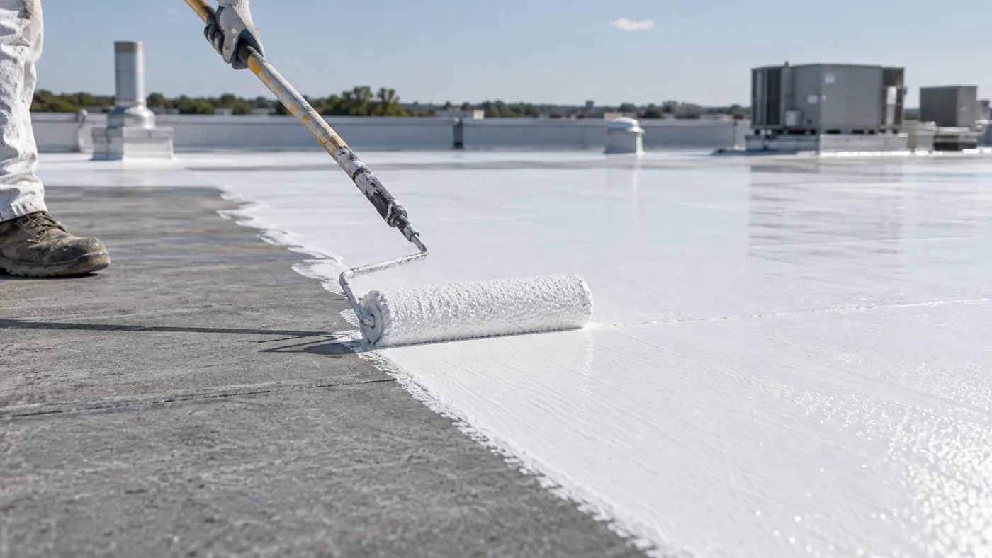 White protective roof coating applied with a roller
