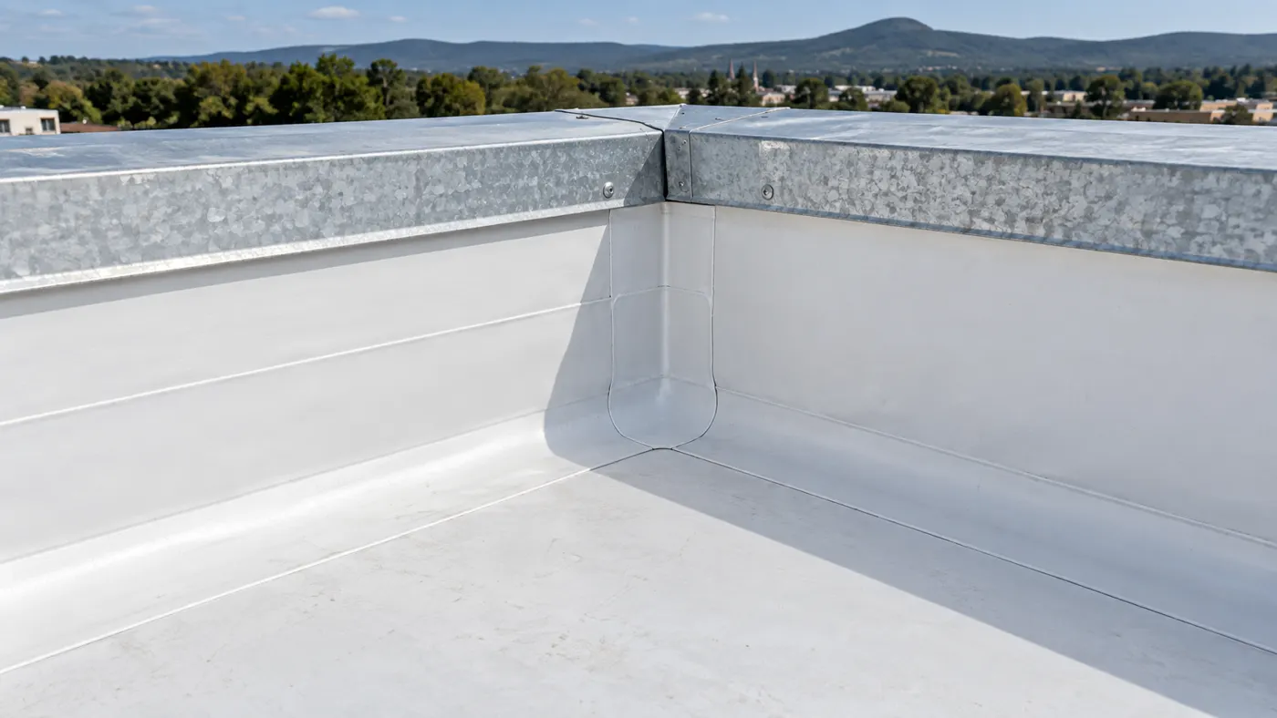 Membrane flashing at a commercial roof parapet corner