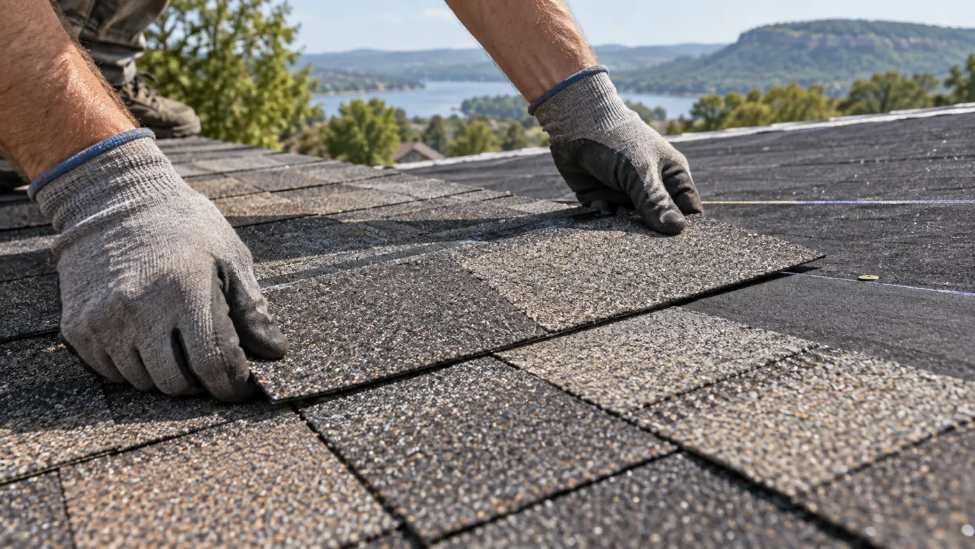 Gloved hands positioning a replacement shingle