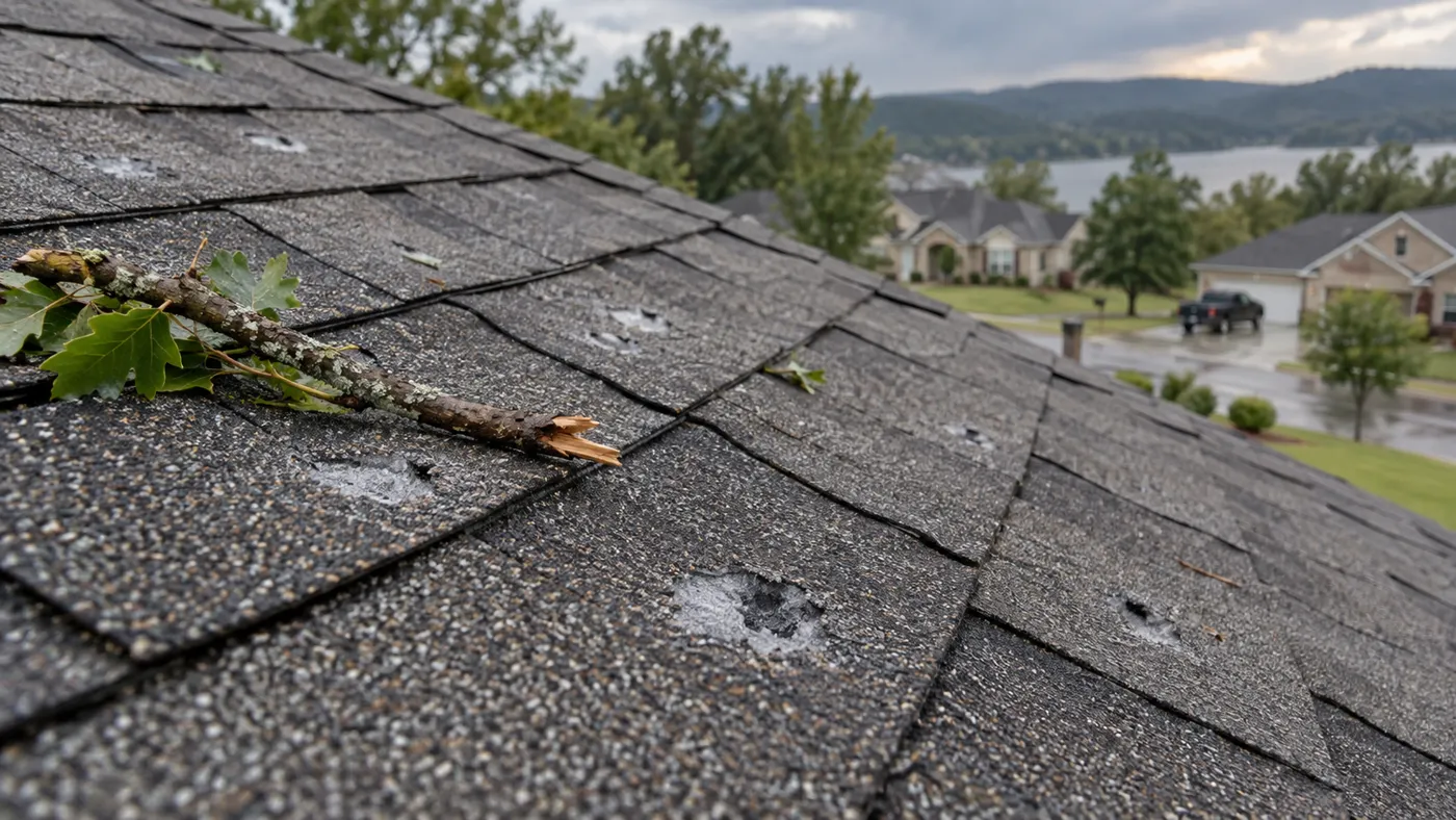 Storm debris and impact marks on asphalt shingles